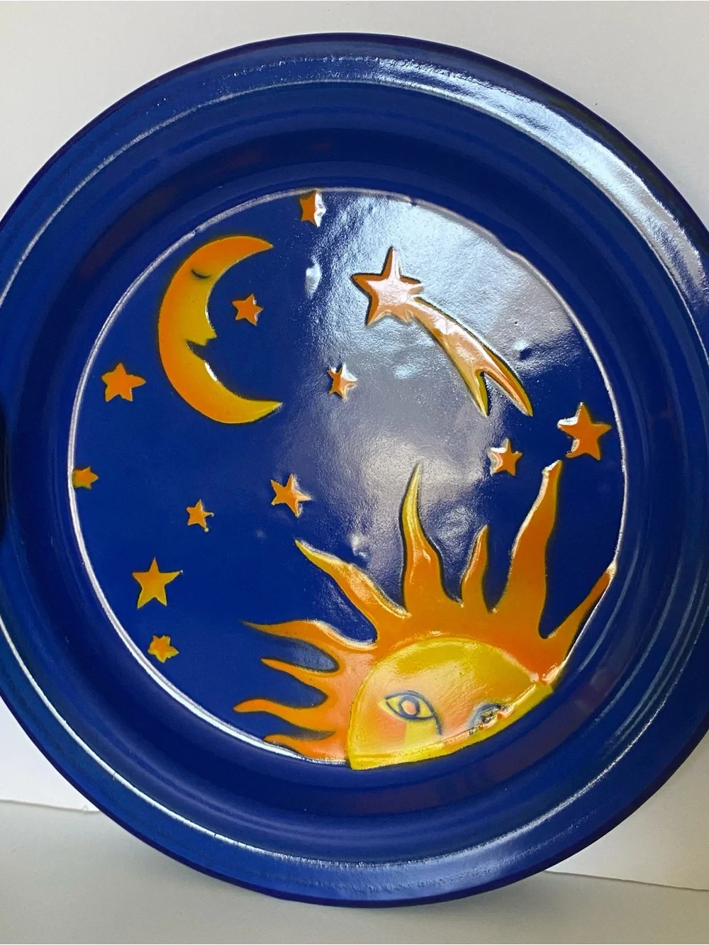 Vintage Kockums Sweden Enamelware 2 Plates Celestial Sun Noon Stars 8.75” Blue